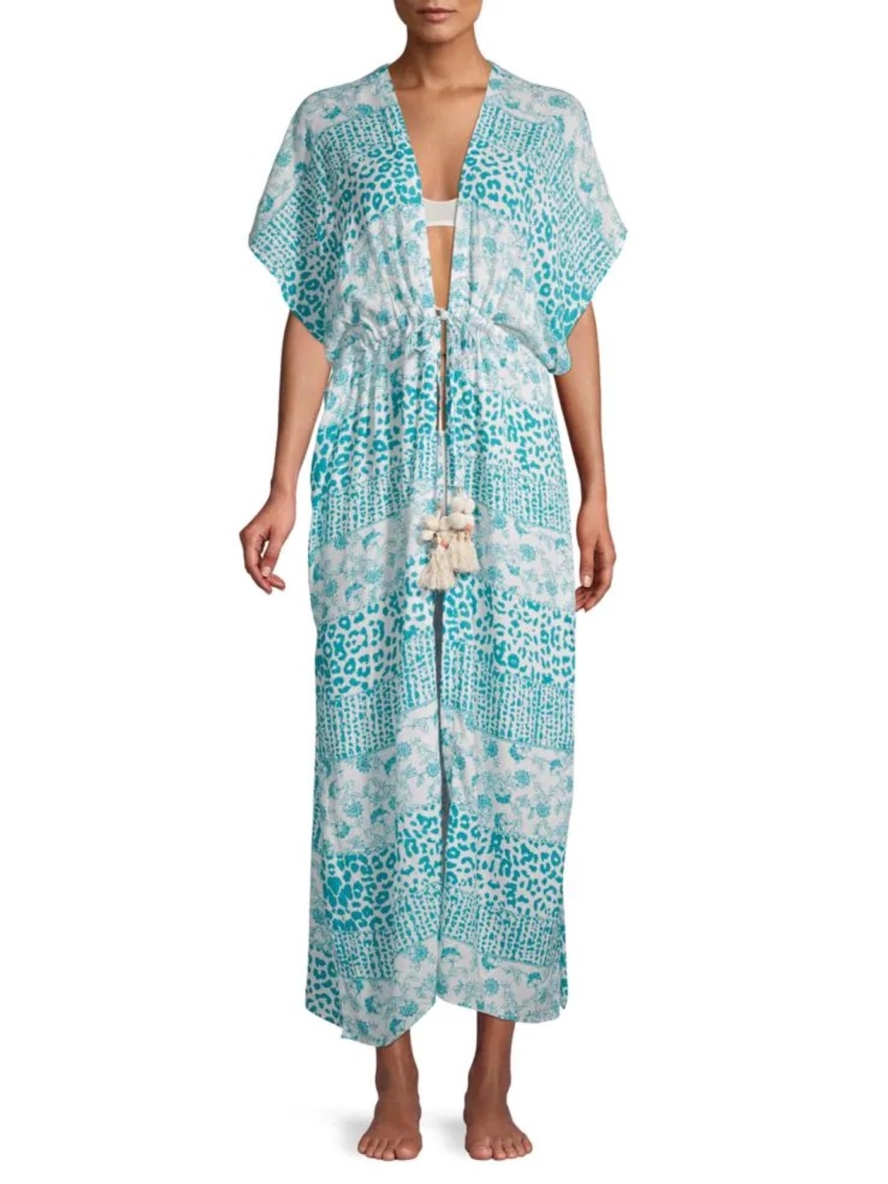 Violet Sky Aqua Printed Maxi Cover-Up with Tassel Drawstring